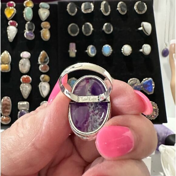 💕 Natural purple stick agate Gemstone ring Silver overlay 
 handmade size 8.5 - Picture 2 of 6